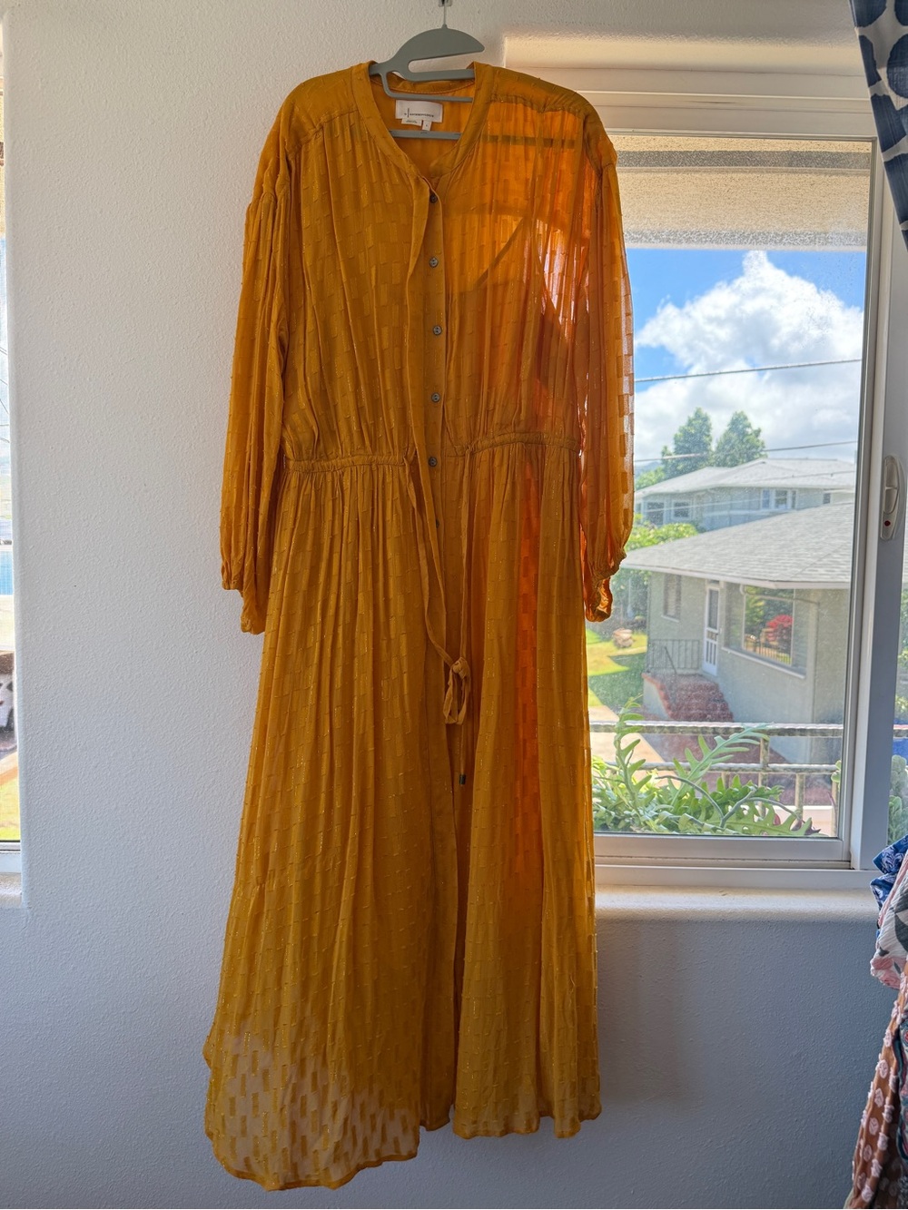 Women’s Mustard Yellow Button-Front Maxi Dress with Tie Waist